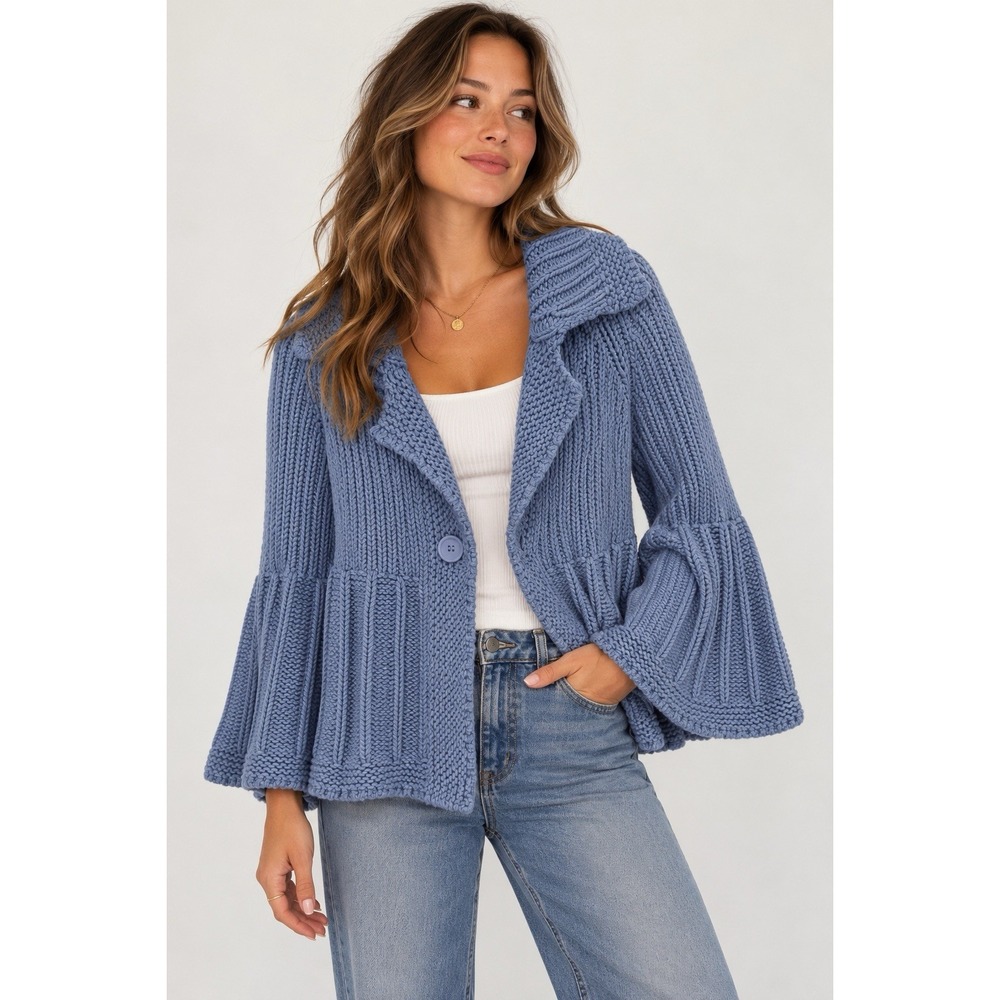 Vintage Liz Claiborne XL Blue Chunky Knit Cardigan Bell Sleeve Cottagecore 90s